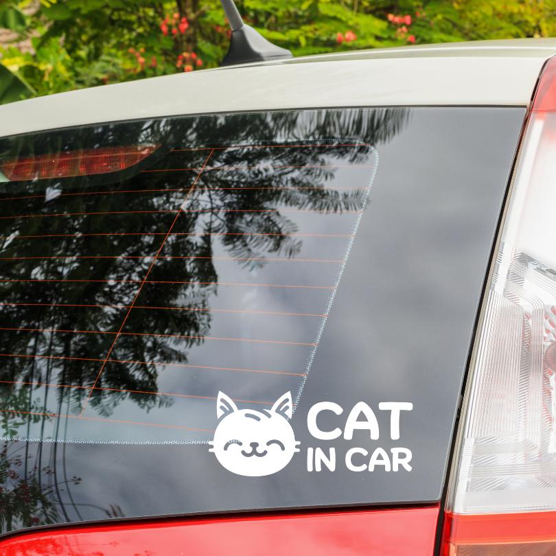 สติกเกอร์ Cat in Car ในรถมีแมว PVC OUTDOOR ทนน้ำทนแดด ไดคัทสีขาว - Image 9